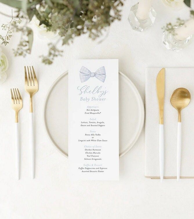 Menu Cards for Blue Bow Tie Baby Boy Shower or Sprinkle Printed (20 printed menus)