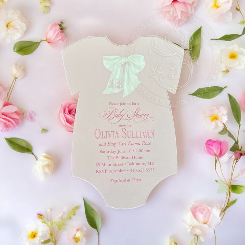Girl Baby Shower Invitation with Watercolor Bow, Pink and White Baby Girl Sprinkle Invitation, Fancy Garden Party (10 printed invitations | Plain White Envelopes)