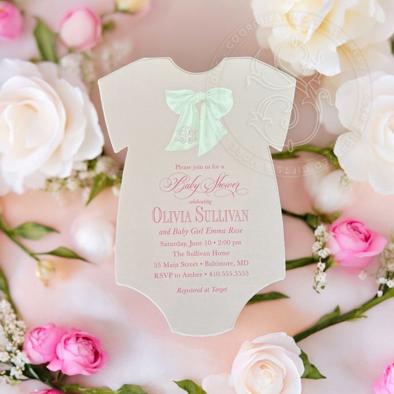 Girl Baby Shower Invitation with Watercolor Bow, Pink and White Baby Girl Sprinkle Invitation, Fancy Garden Party (10 printed invitations | Plain White Envelopes)