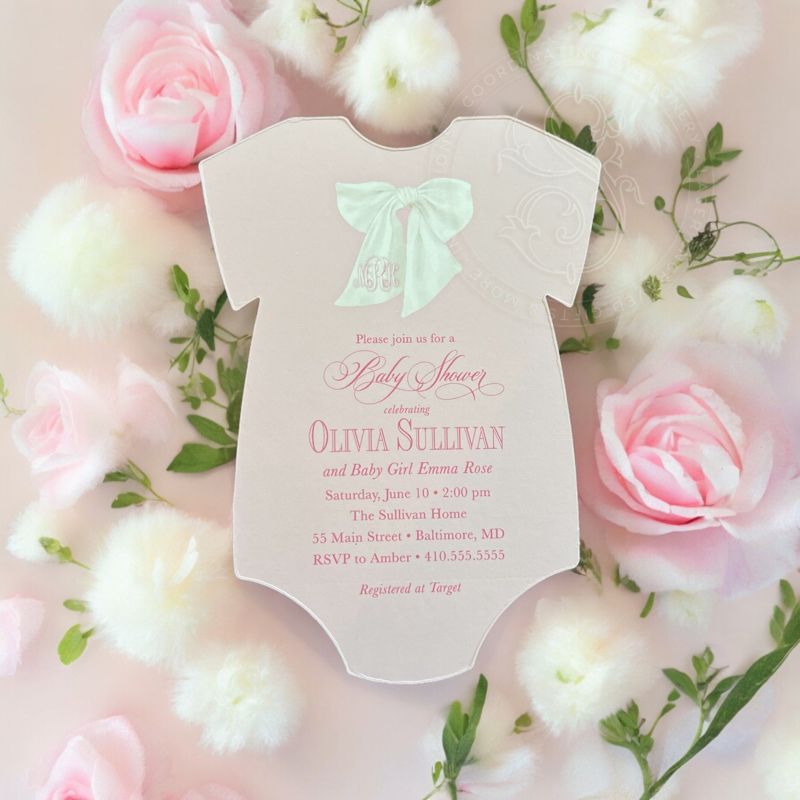Girl Baby Shower Invitation with Watercolor Bow, Pink and White Baby Girl Sprinkle Invitation, Fancy Garden Party (10 printed invitations | Plain White Envelopes)