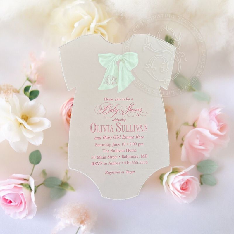 Girl Baby Shower Invitation with Watercolor Bow, Pink and White Baby Girl Sprinkle Invitation, Fancy Garden Party (10 printed invitations | Plain White Envelopes)