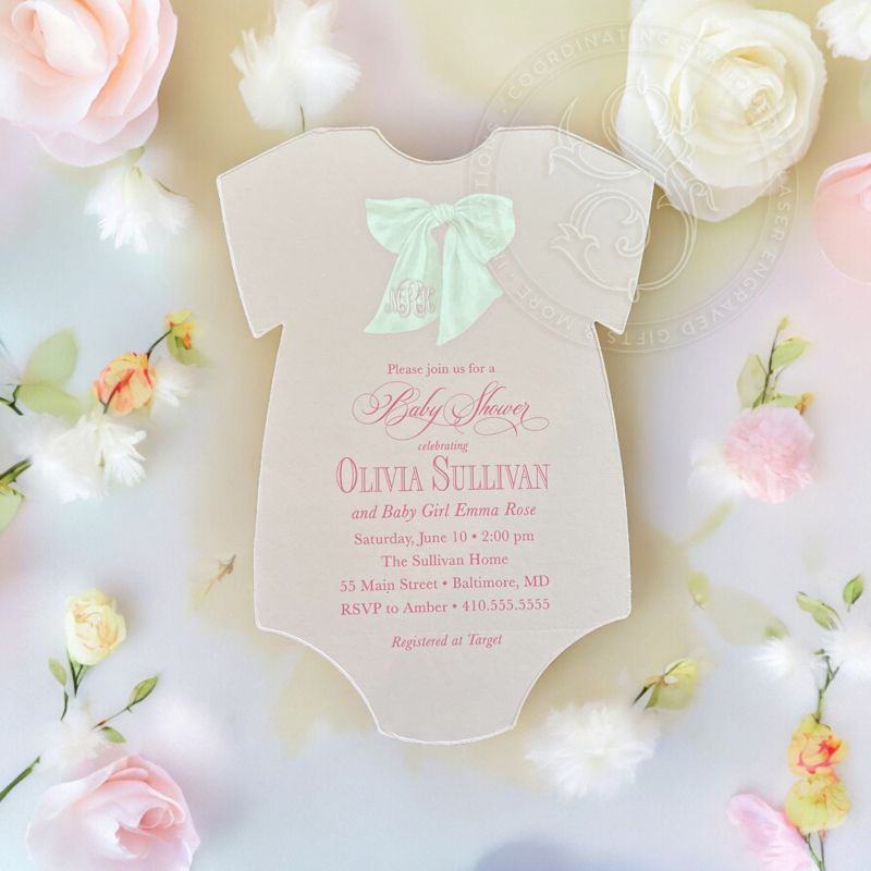 Girl Baby Shower Invitation with Watercolor Bow, Pink and White Baby Girl Sprinkle Invitation, Fancy Garden Party (10 printed invitations | Plain White Envelopes)