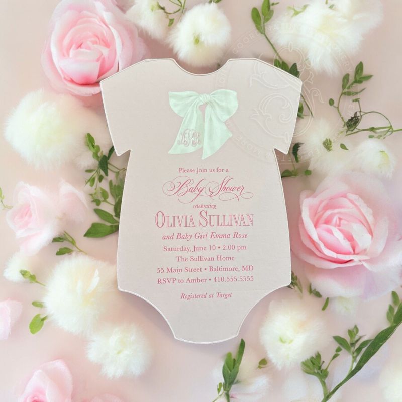 Girl Baby Shower Invitation with Watercolor Bow, Pink and White Baby Girl Sprinkle Invitation, Fancy Garden Party (10 printed invitations | Plain White Envelopes)