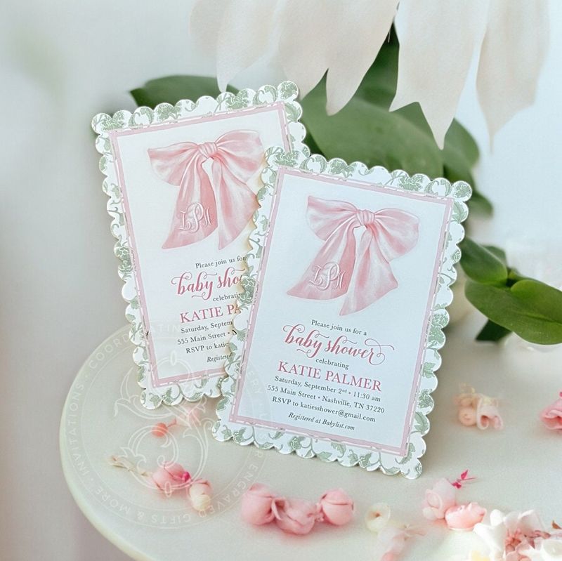 Scalloped Pink Bow Baby Girl Shower Invitations with Sage Green Toile Chinoiserie Printed (10 printed invitations | Plain White Envelopes)