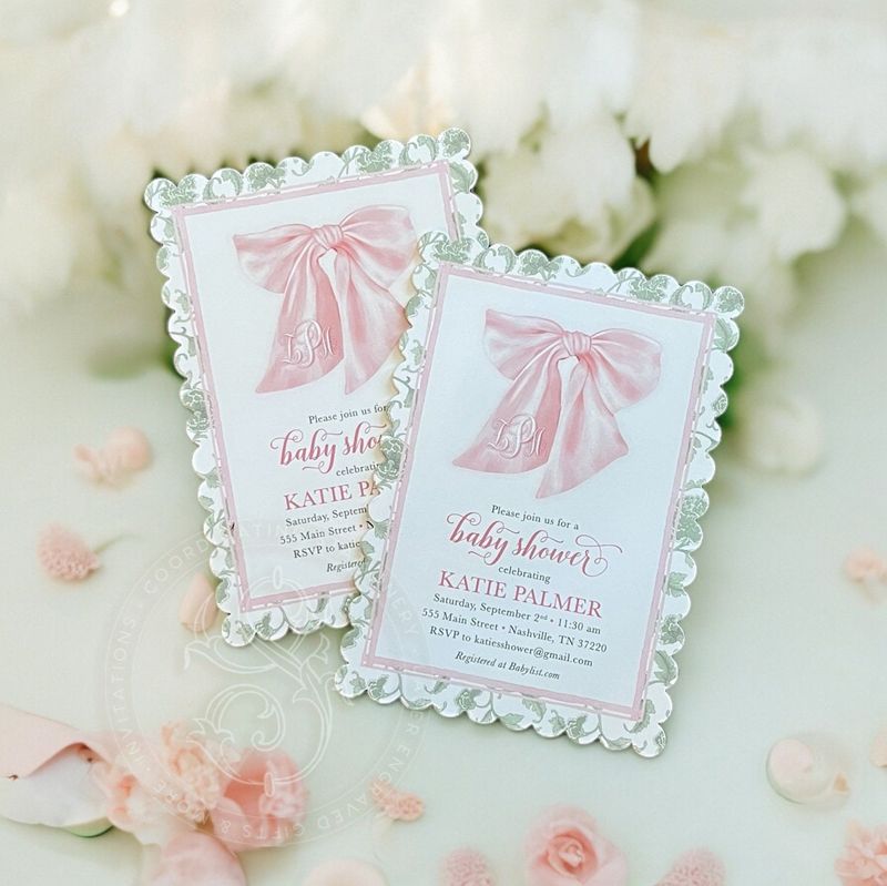 Scalloped Pink Bow Baby Girl Shower Invitations with Sage Green Toile Chinoiserie Printed (10 printed invitations | Plain White Envelopes)