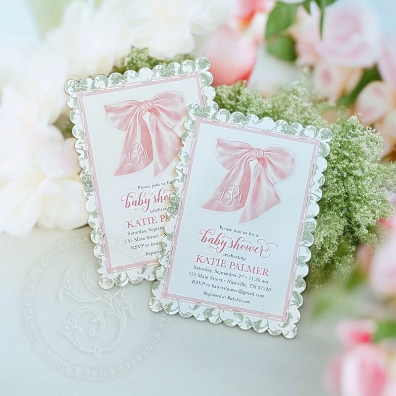 Scalloped Pink Bow Baby Girl Shower Invitations with Sage Green Toile Chinoiserie Printed (10 printed invitations | Plain White Envelopes)