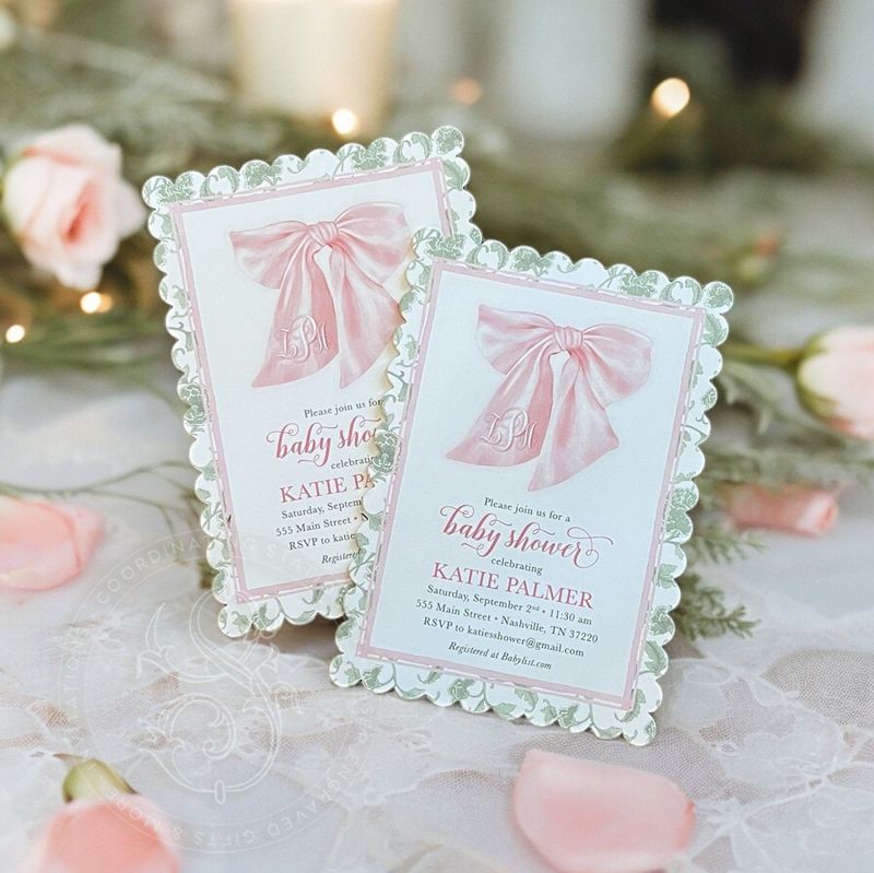 Scalloped Pink Bow Baby Girl Shower Invitations with Sage Green Toile Chinoiserie Printed (10 printed invitations | Plain White Envelopes)