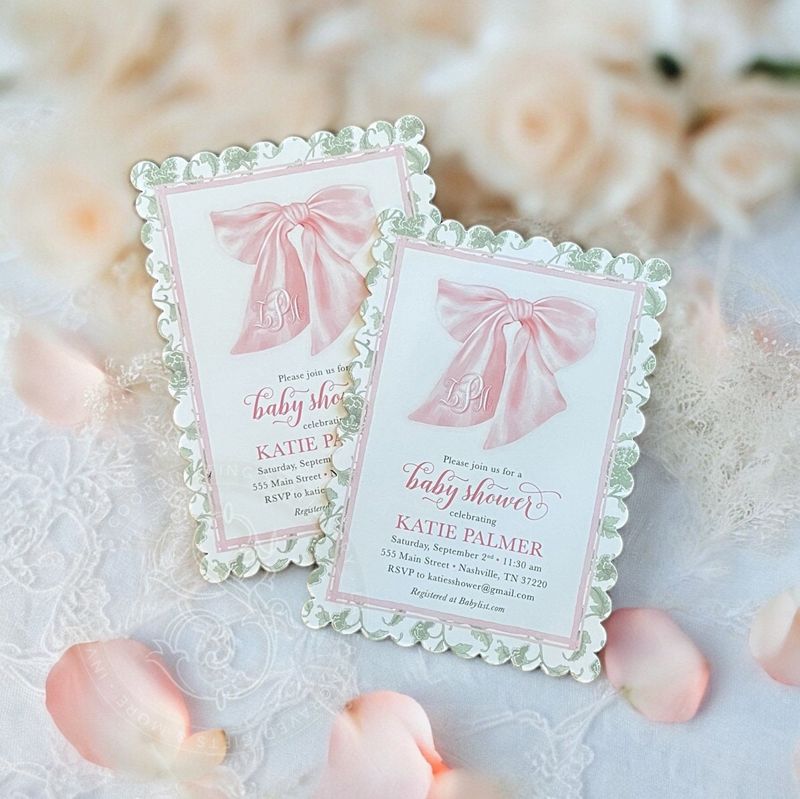Scalloped Pink Bow Baby Girl Shower Invitations with Sage Green Toile Chinoiserie Printed (10 printed invitations | Plain White Envelopes)
