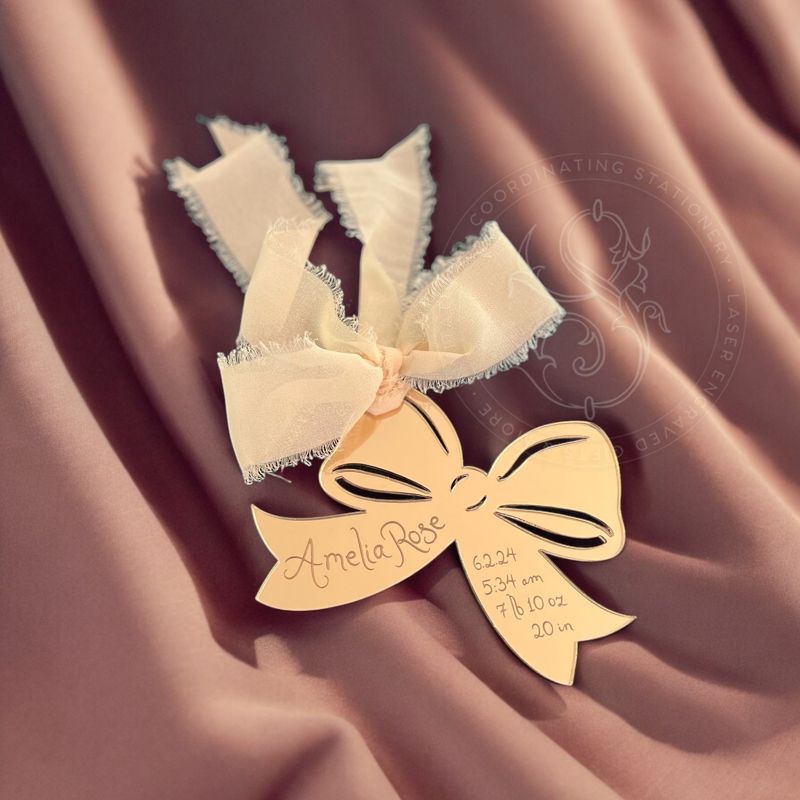Baby Girl First Christmas Ornament birth statistic ornament birth information stats Pink Bow (Rose Gold Mirror)