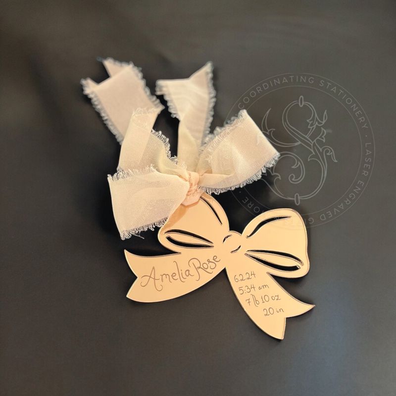 Baby Girl First Christmas Ornament birth statistic ornament birth information stats Pink Bow (Rose Gold Mirror)