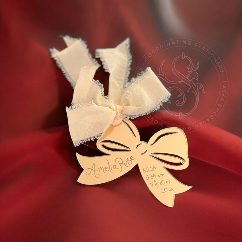 Baby Girl First Christmas Ornament birth statistic ornament birth information stats Pink Bow (Rose Gold Mirror)