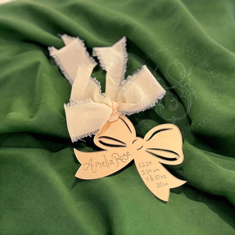 Baby Girl First Christmas Ornament birth statistic ornament birth information stats Pink Bow (Rose Gold Mirror)