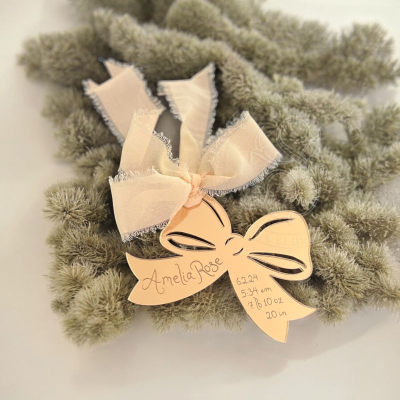Baby Girl First Christmas Ornament birth statistic ornament birth information stats Pink Bow (Rose Gold Mirror)