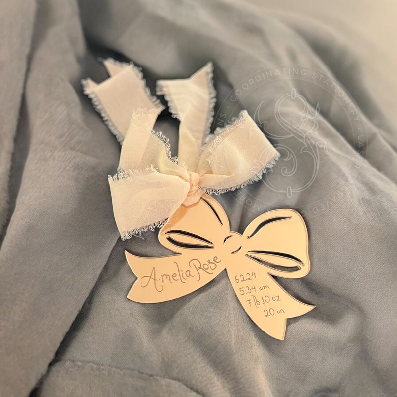 Baby Girl First Christmas Ornament birth statistic ornament birth information stats Pink Bow (Rose Gold Mirror)