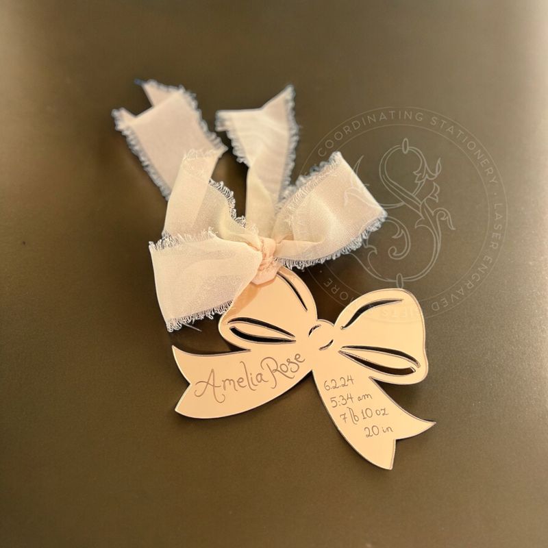 Baby Girl First Christmas Ornament birth statistic ornament birth information stats Pink Bow (Rose Gold Mirror)
