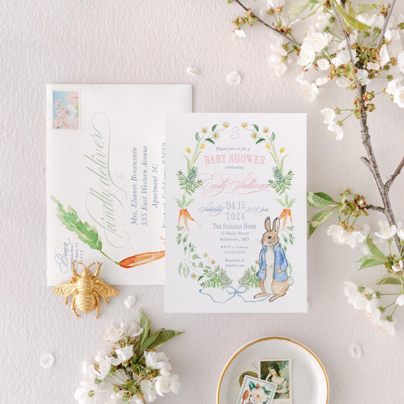 Rabbit Baby Shower Invitation, Watercolor Storybook Garden Baby Sprinkle Invitation Gender Neutral (10 printed invitations | Plain White Envelopes)