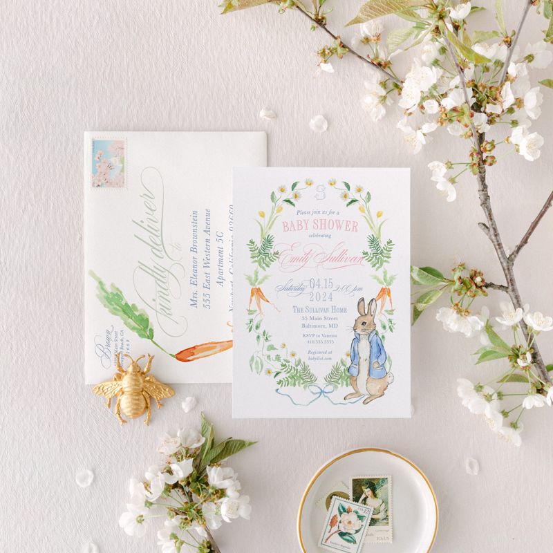 Rabbit Baby Shower Invitation, Watercolor Storybook Garden Baby Sprinkle Invitation Gender Neutral (10 printed invitations | Plain White Envelopes)