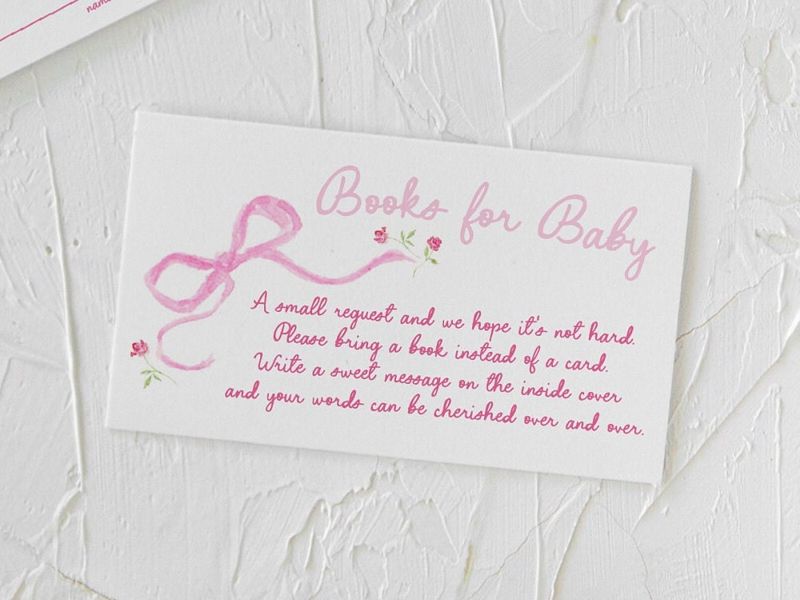 Hand Drawn Pink Bow Baby Girl Shower Diaper Raffle Insert Cards Printed, Book Request Insert Card (20 printed cards | Diaper Raffle Ticket)