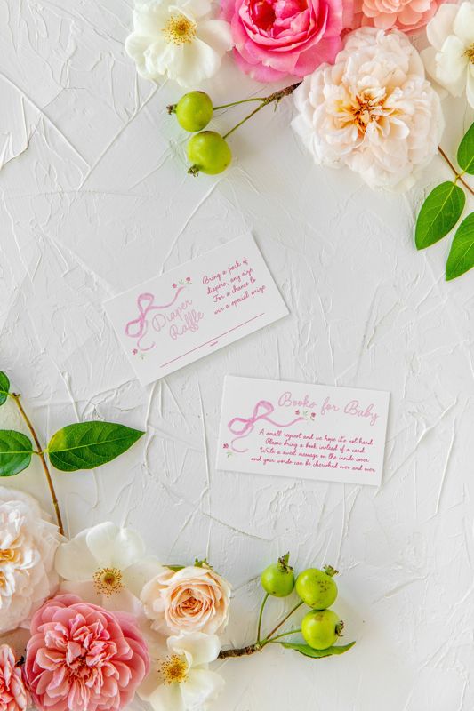 Hand Drawn Pink Bow Baby Girl Shower Diaper Raffle Insert Cards Printed, Book Request Insert Card (20 printed cards | Diaper Raffle Ticket)
