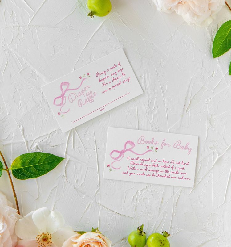 Hand Drawn Pink Bow Baby Girl Shower Diaper Raffle Insert Cards Printed, Book Request Insert Card (20 printed cards | Diaper Raffle Ticket)