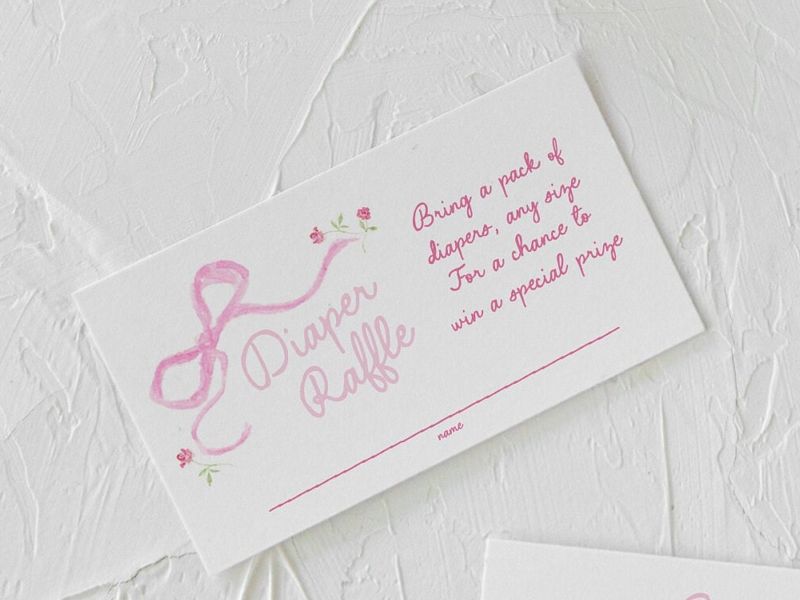Hand Drawn Pink Bow Baby Girl Shower Diaper Raffle Insert Cards Printed, Book Request Insert Card (20 printed cards | Diaper Raffle Ticket)