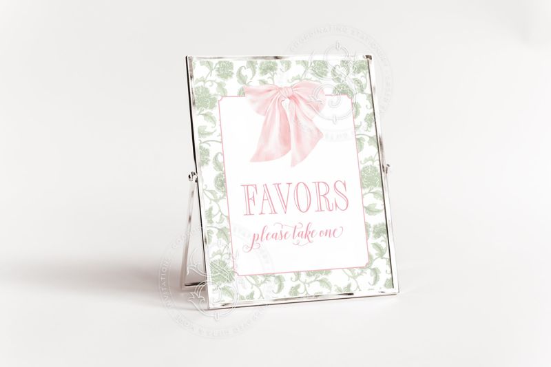Favors Sign for Girl Baby Shower Printable with Pink Bow - Printable 8x10 - Preppy Pink Chinoiserie Toile Baby Sprinkle Pink and Sage Green