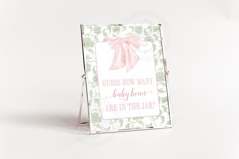 Guess How many Baby Bows Sign for Girl Baby Shower Printable 8x10 - Preppy Pink and Sage Chinoiserie Baby Sprinkle