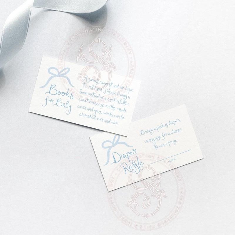Hand Drawn Blue Bow Baby Boy Shower Diaper Raffle Insert Cards Printed, Book Request Insert Card (20 printed cards | Diaper Raffle Ticket)