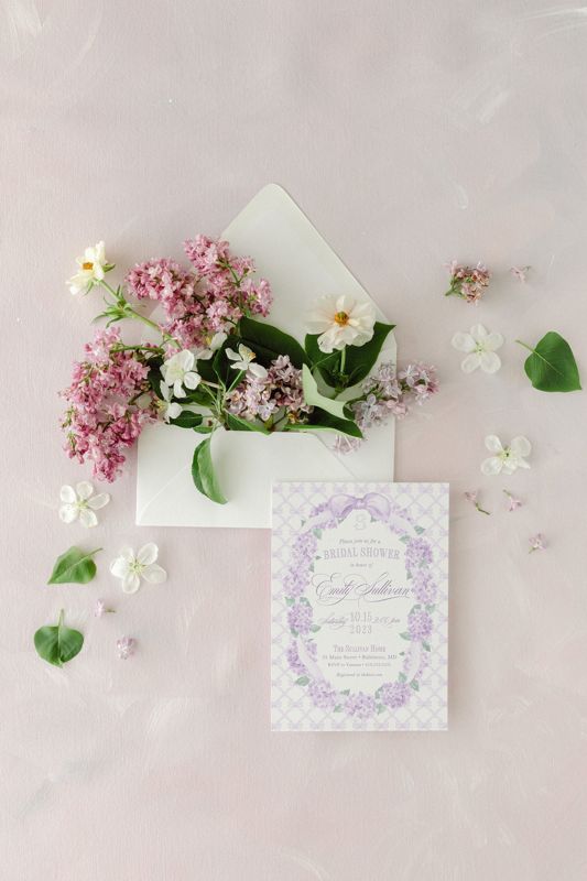 Baby Girl Shower Invitations, Bridal Shower, Bridesmaids Tea, Baby Girl Sprinkle, Lilac Hydrangea Bow Printed, Fancy bow party Lavender (10 printed invitations | Plain White Envelopes)