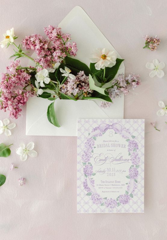 Baby Girl Shower Invitations, Bridal Shower, Bridesmaids Tea, Baby Girl Sprinkle, Lilac Hydrangea Bow Printed, Fancy bow party Lavender (10 printed invitations | Plain White Envelopes)
