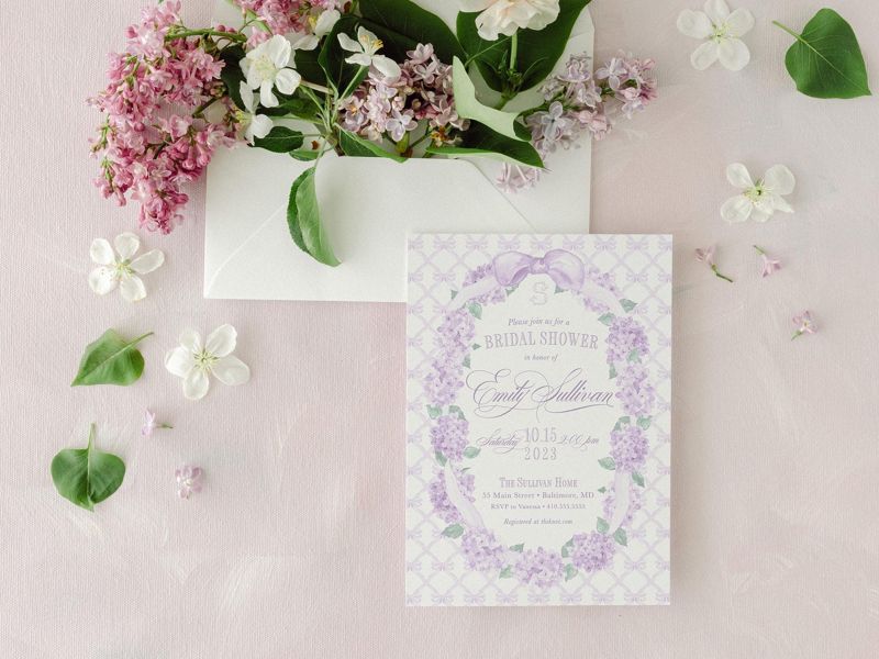 Baby Girl Shower Invitations, Bridal Shower, Bridesmaids Tea, Baby Girl Sprinkle, Lilac Hydrangea Bow Printed, Fancy bow party Lavender (10 printed invitations | Plain White Envelopes)