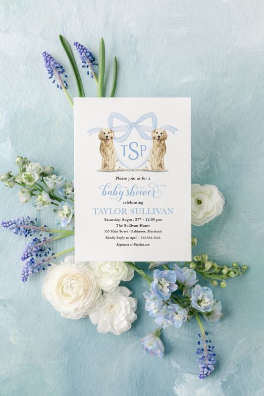 Boy Baby Shower Invitation, Preppy Watercolor Crest, Golden Retriever, Blue Monogram, Bow Baby Shower Invitations (10 printed invitations | Plain White Envelopes)