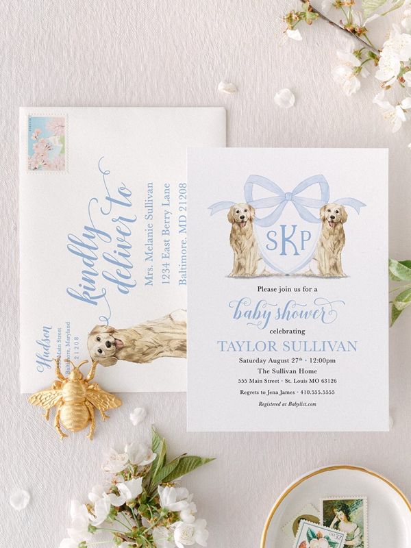 Boy Baby Shower Invitation, Preppy Watercolor Crest, Golden Retriever, Blue Monogram, Bow Baby Shower Invitations (10 printed invitations | Plain White Envelopes)