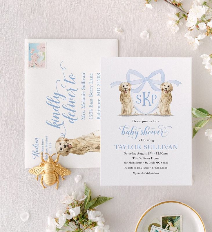 Boy Baby Shower Invitation, Preppy Watercolor Crest, Golden Retriever, Blue Monogram, Bow Baby Shower Invitations (10 printed invitations | Plain White Envelopes)