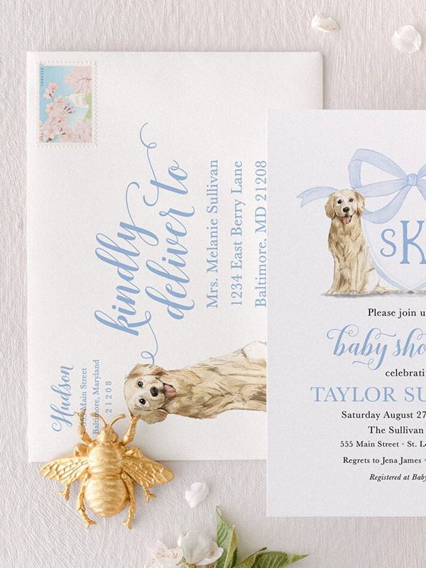 Boy Baby Shower Invitation, Preppy Watercolor Crest, Golden Retriever, Blue Monogram, Bow Baby Shower Invitations (10 printed invitations | Plain White Envelopes)