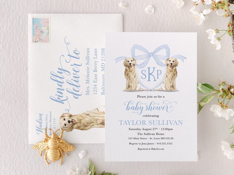 Boy Baby Shower Invitation, Preppy Watercolor Crest, Golden Retriever, Blue Monogram, Bow Baby Shower Invitations (10 printed invitations | Plain White Envelopes)