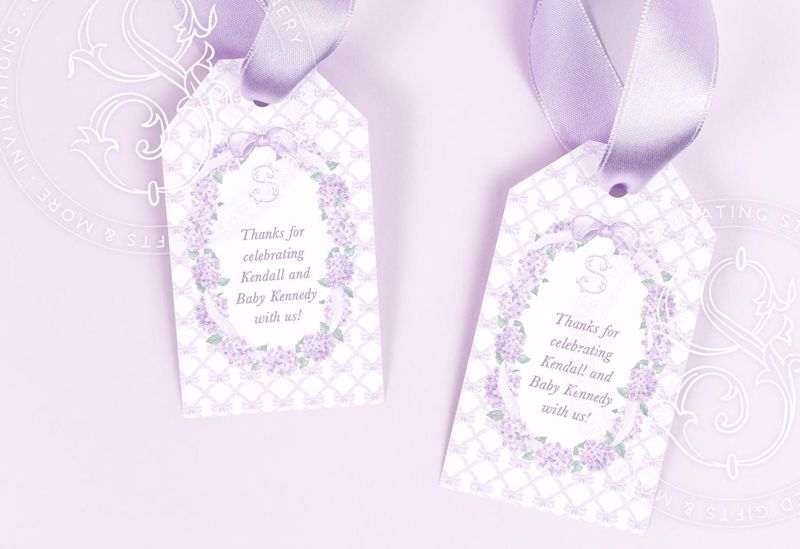 Lilac Baby Girl Shower Favor Tag - Girl Baby Sprinkle - Printable Favor Tag - Lilac Bow Hydrangea - Watercolor Bow