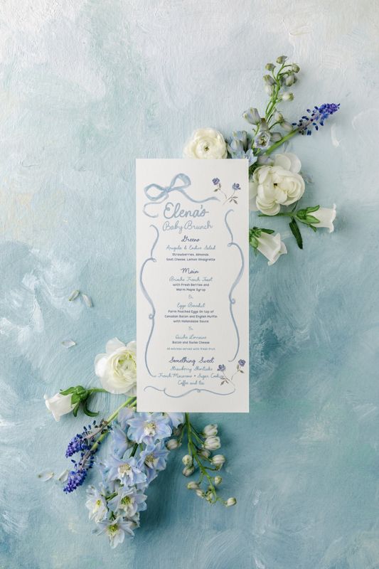 Hand Drawn Blue Bow Baby Boy Shower Menu Cards Printed Birthday Party Menu - Bridesmaid Luncheon - Brunch and Bubbly - Baby Sprinkle Boy (20 printed menus)