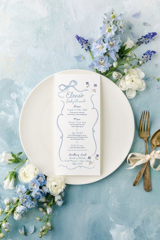 Hand Drawn Blue Bow Baby Boy Shower Menu Cards Printed Birthday Party Menu - Bridesmaid Luncheon - Brunch and Bubbly - Baby Sprinkle Boy (20 printed menus)