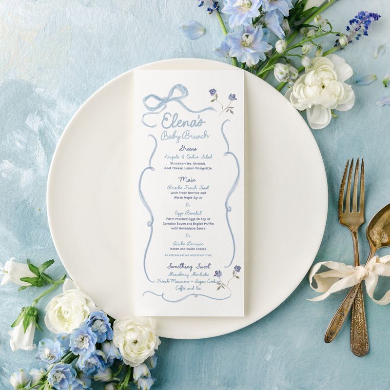 Hand Drawn Blue Bow Baby Boy Shower Menu Cards Printed Birthday Party Menu - Bridesmaid Luncheon - Brunch and Bubbly - Baby Sprinkle Boy (20 printed menus)