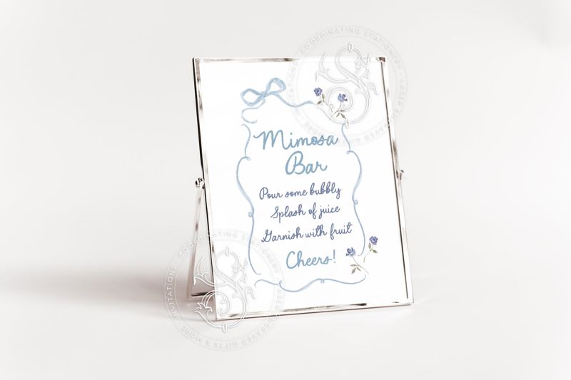 Hand Drawn Mimosa Bar Sign for boy Baby Shower Printable with blue Bow and flowers - Printable 8x10 - Baby boy Sprinkle