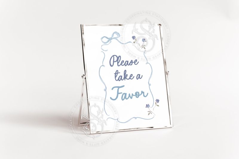 Hand drawn Favors Sign for boy Baby Shower Printable with blue Bow and flowers - Printable 8x10 - Baby boy sprinkle