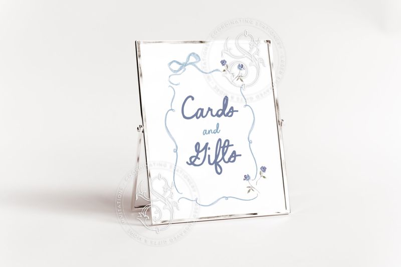 Hand drawn Cards and Gifts Sign for Boy Baby Shower Printable with blue Bow and flowers - Printable 8x10 -  Baby boy Sprinkle