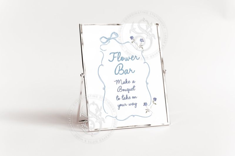 Flower Bar Sign for Bridal Shower or Boy Baby Shower Printable - Printable 8x10 - Hand drawn blue bow