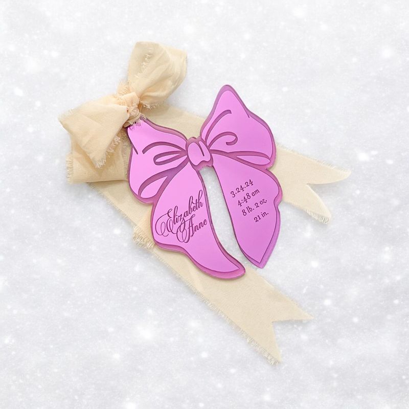 Lilac Bow babys First Christmas ornament birth statistic ornament Keepsake birth information stats Ornament Baby Girl Purple Ribbon (Lilac Purple Mirror)
