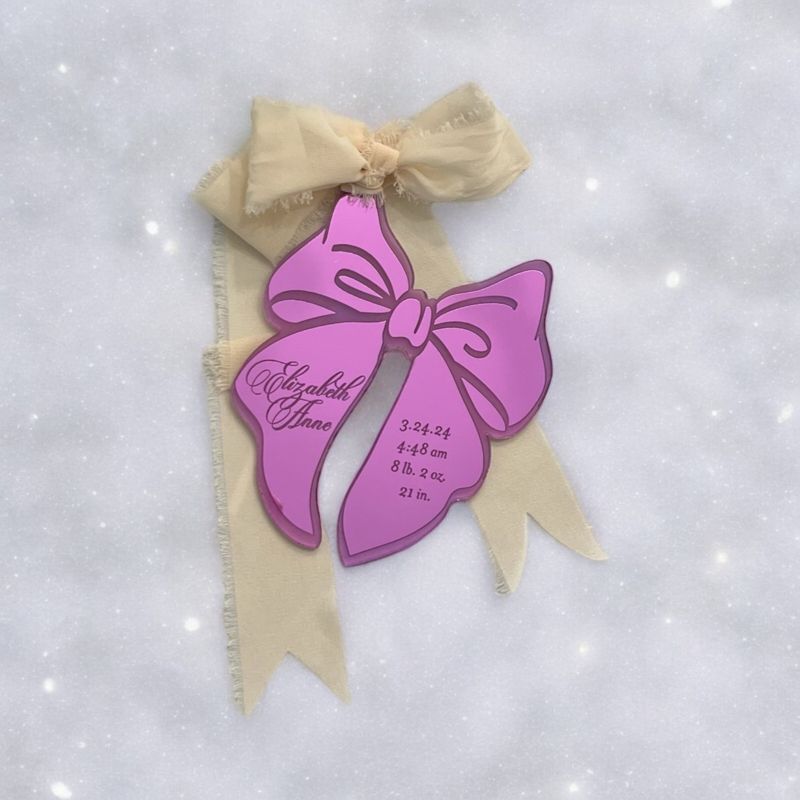 Lilac Bow babys First Christmas ornament birth statistic ornament Keepsake birth information stats Ornament Baby Girl Purple Ribbon (Lilac Purple Mirror)