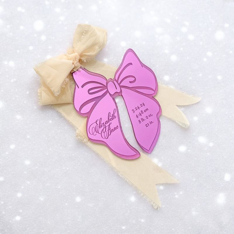 Lilac Bow babys First Christmas ornament birth statistic ornament Keepsake birth information stats Ornament Baby Girl Purple Ribbon (Lilac Purple Mirror)