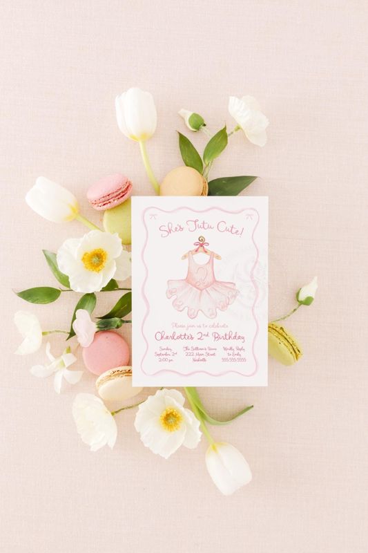 She's Tutu Cute Birthday Invitations for Girl 2nd Birthday Party, Ballerina Birthday Theme, Ribbons and Bows (10 printed invitations, Plain White Envelopes)