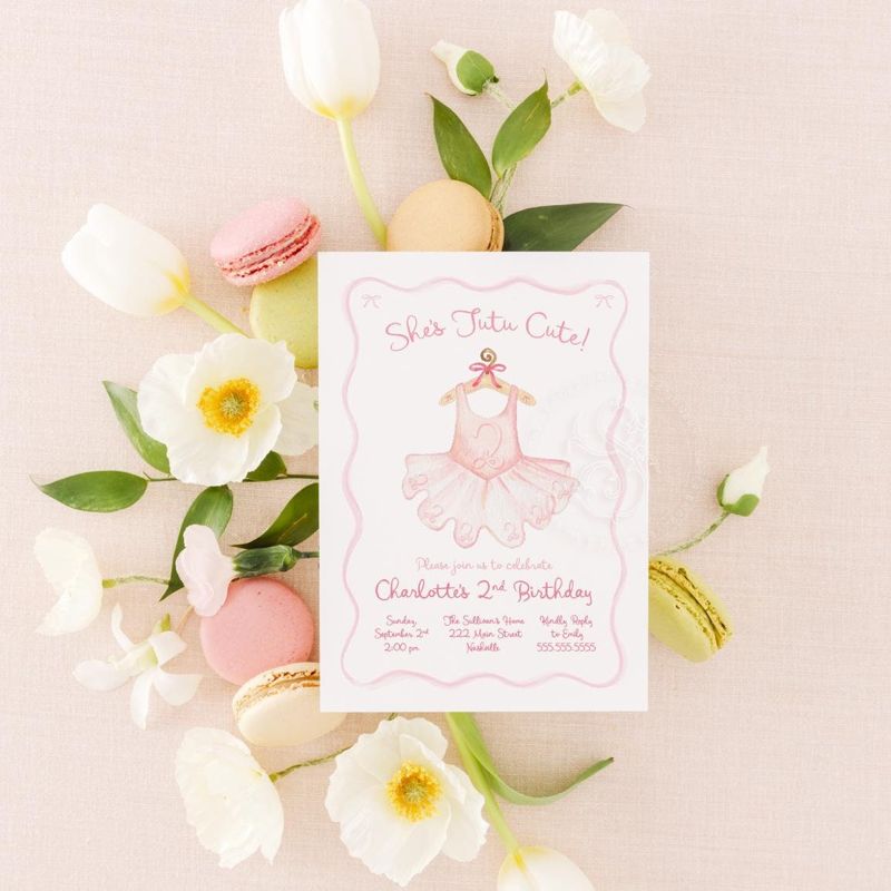 She's Tutu Cute Birthday Invitations for Girl 2nd Birthday Party, Ballerina Birthday Theme, Ribbons and Bows (10 printed invitations, Plain White Envelopes)