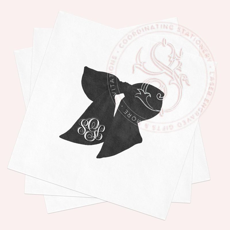 Black Bow Ribbon Napkins Coquette Paper Personalized Monogram Napkins, Shes tying the knot, bows and babes (100 Napkins (minimum order), Cocktail - 4.75 inch square)
